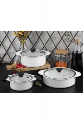 Taç Trio 6 Parça Silikon Saplı Granit Tencere Seti Tac-3476 Beyaz