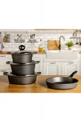 Amboss Kuvars Döküm Titanyum Kaplama 7 Parça Tencere Seti - Siyah