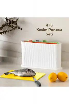 Porsima 1074-1 Beyaz-Beyaz Standlı Çoklu Kesme Tahtası Seti-Kırmızı Et Balık Sebze Beyaz Et-Canlı Renkli