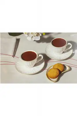 Nehir Kristal - Beyaz Altın Yaldızlı Porselen Kahve Takım