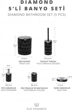 Okyanus Home DMD-02(467-1-S) Diamond Siyah Kromlu Click Kapak 5'li Banyo Seti OKY-1303