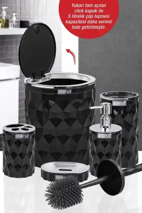 Okyanus Home DMD-02(467-1-S) Diamond Siyah Kromlu Click Kapak 5'li Banyo Seti OKY-1303