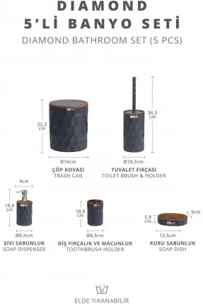 Okyanus Home Diamond Antrasit Ahşap Click Kapak 5 Parça Banyo Seti - OKY-1305