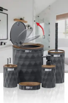 Okyanus Home Diamond Antrasit Ahşap Click Kapak 5 Parça Banyo Seti - OKY-1305