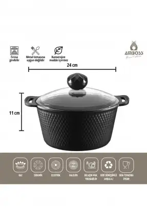 Amboss Kuvars Döküm Titanyum Kaplama 7 Parça Tencere Seti - Siyah