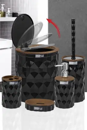 Okyanus Home Diamond Siyah Ahşap Click Kapak Banyo Seti 5'li