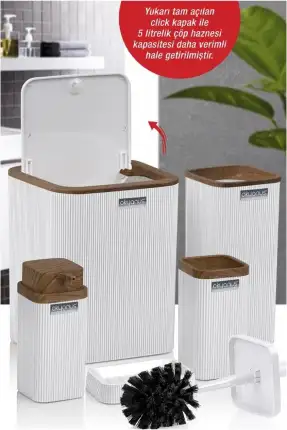 Okyanus Home Stella Beyaz Ahşap Desenli Çizgili 5'li Banyo Seti