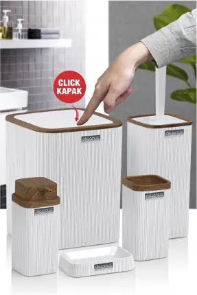 Okyanus Home Stella Beyaz Ahşap Desenli Çizgili 5'li Banyo Seti