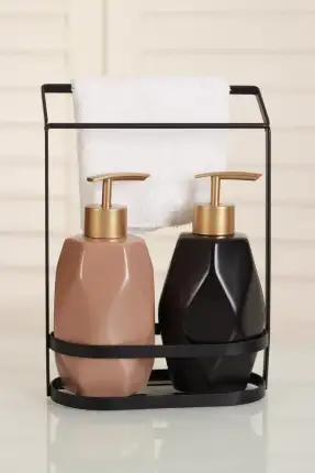 Acar Julian 2'li Metal Standlı Seramik Sıvı Sabunluk - Bej Siyah