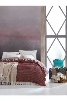 Cotton Box Çift Kişilik Saçaklı Pike - Kahve Ekru