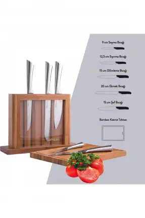 Emsan Matriks 7 Parça Kesme Tahtalı Paslanmaz Çelik Bıçak Takımı