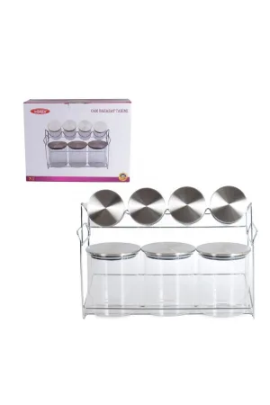 Vidrex İnox Vakum Kapaklı 7 Parça Metal Standlı Cam Baharat Takımı - 24B057