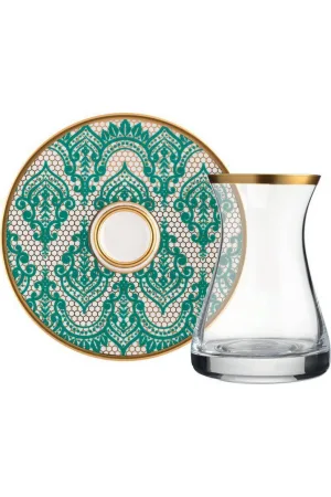 Glazze Mirage 12 Parça Lüx Çay Seti Motif Desenli Yeşil Porselen Tabaklı