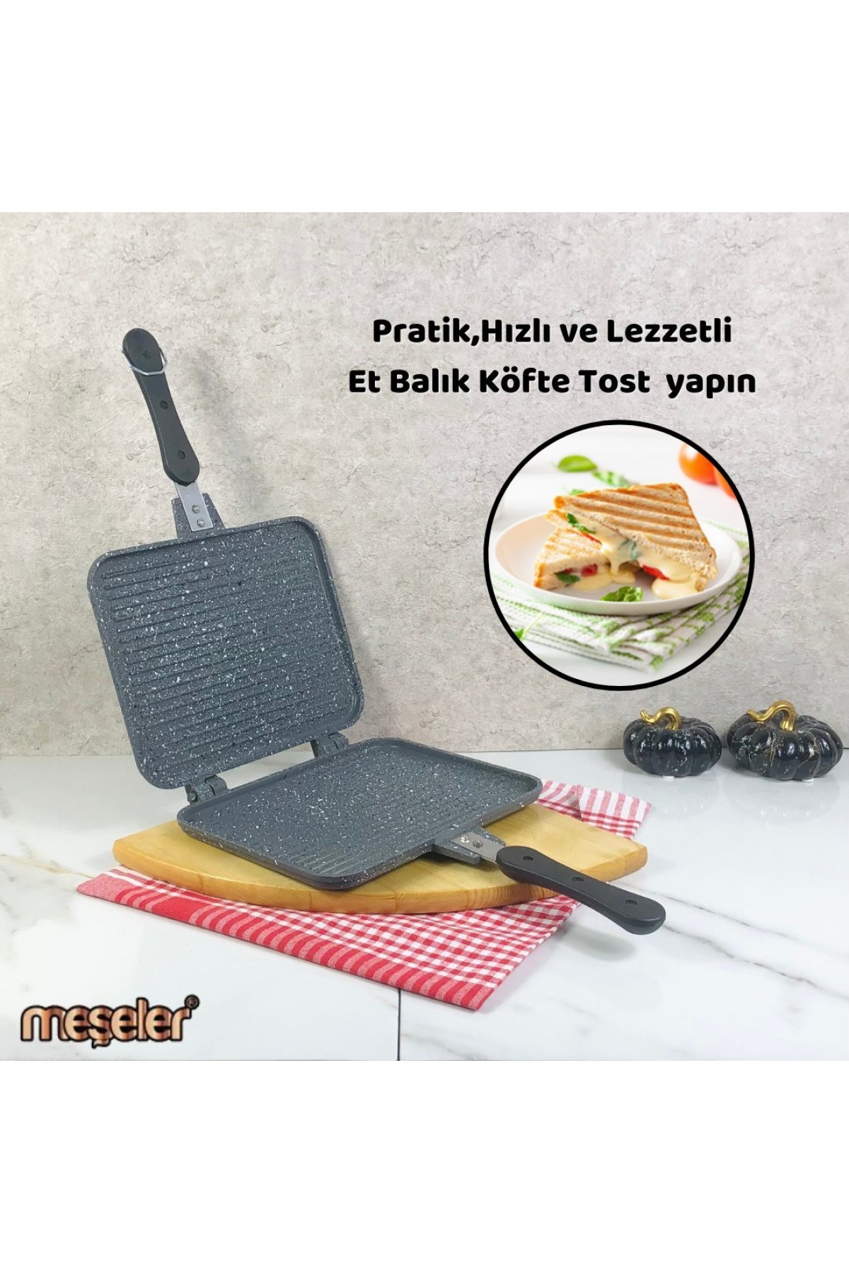Meşeler Ocak Üstü Granit Döküm El Tost ve Çok Amaçlı Grill Tava 26 cm