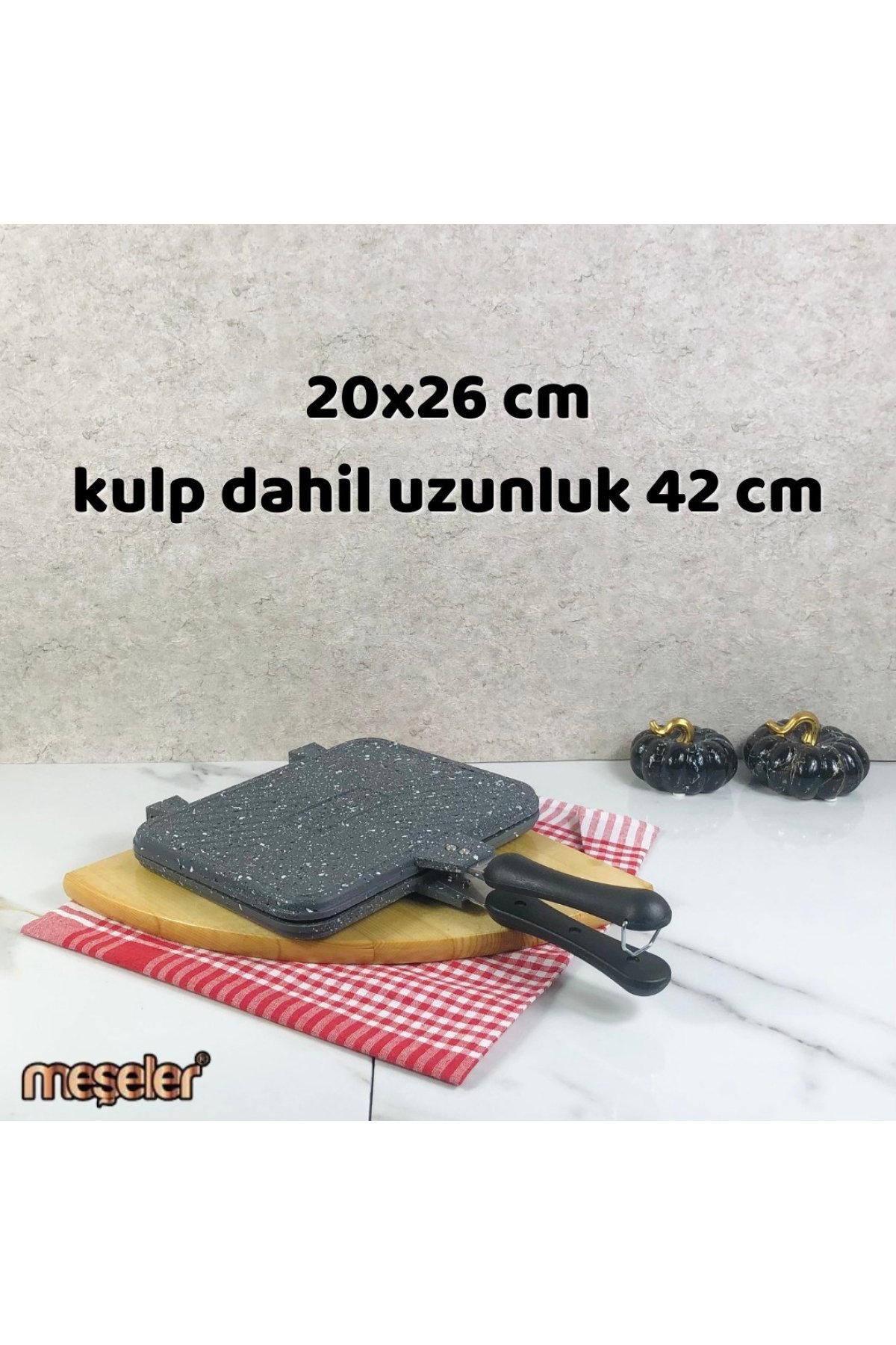 Meşeler Ocak Üstü Granit Döküm El Tost ve Çok Amaçlı Grill Tava 26 cm