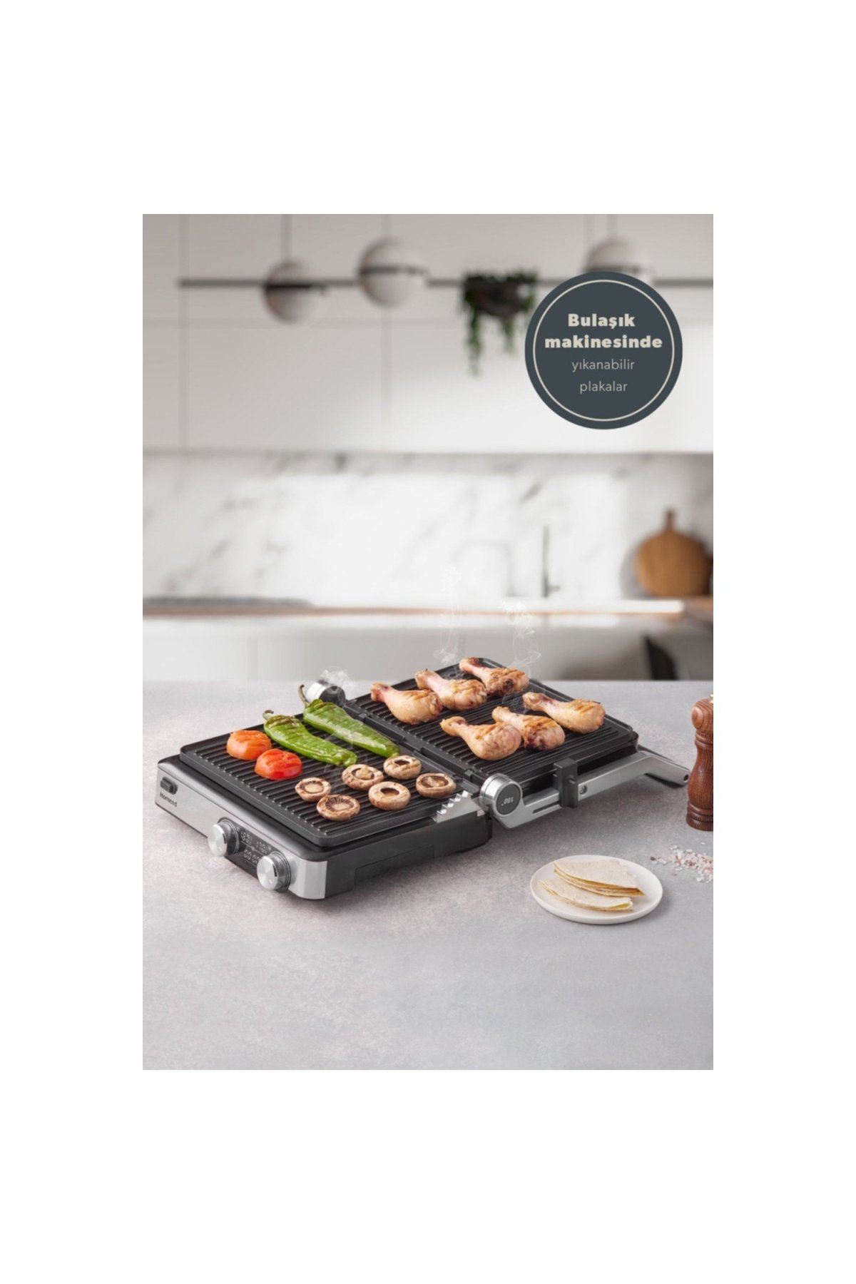 Homend Grilliant 1340H Inox Gövde Alt ve Üst Sıcaklığı Ayrı Kontrol Edilebilen Döküm Plakalı Tost ve Izgara Makinesi
