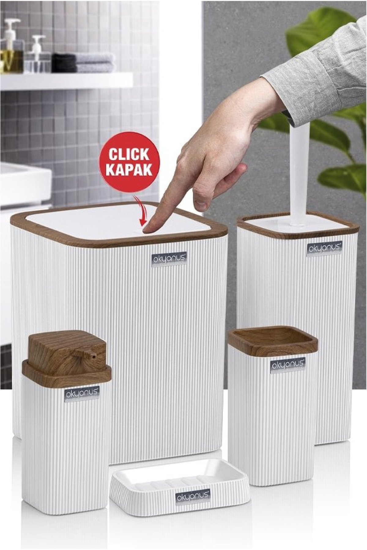 Okyanus Home Stella Beyaz Ahşap Desenli Çizgili 5'li Banyo Seti