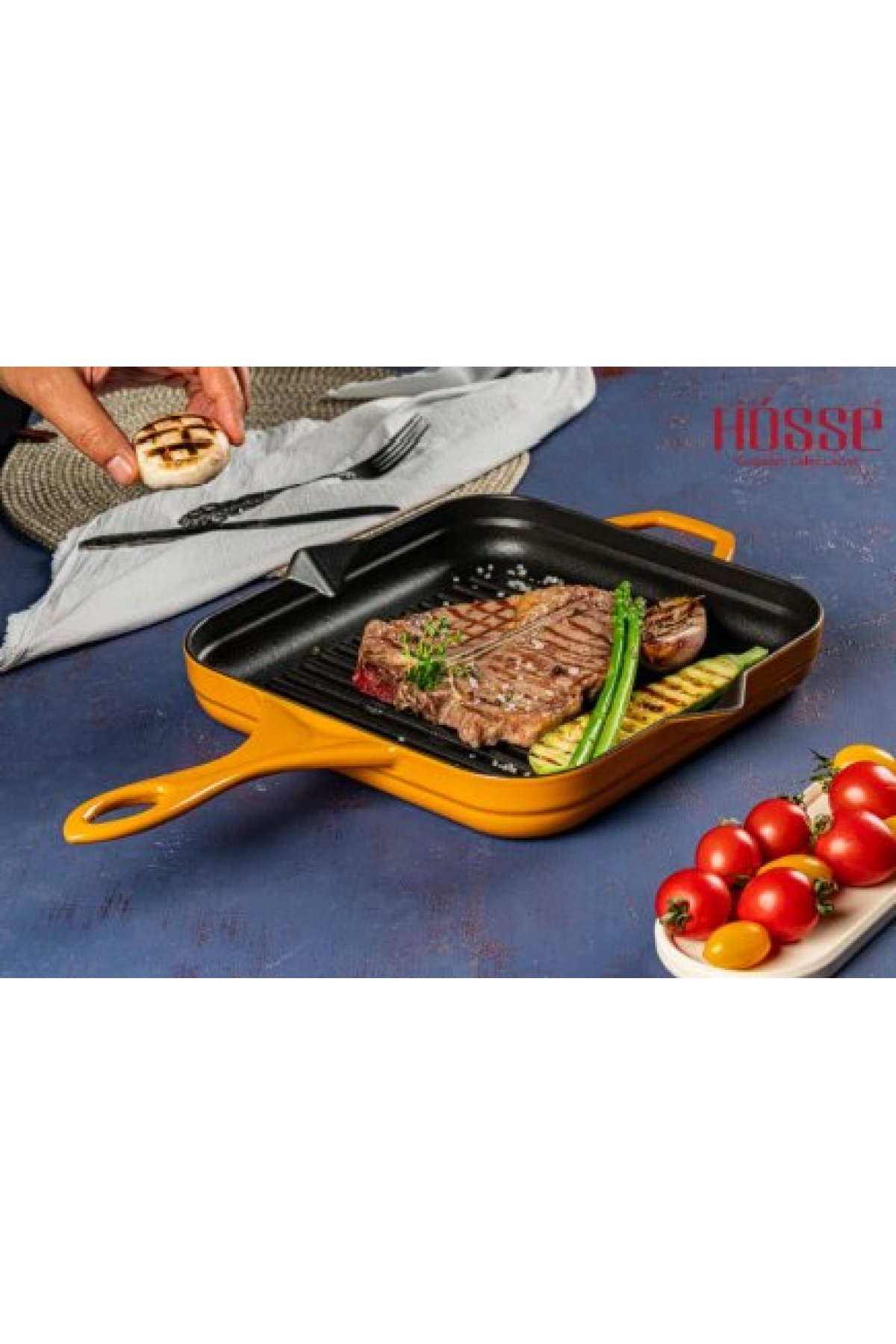 Hosse HSKGTV 2828 Kare Grill Döküm Tava – 28x28 cm (Yardımcı Kulplu) Sarı