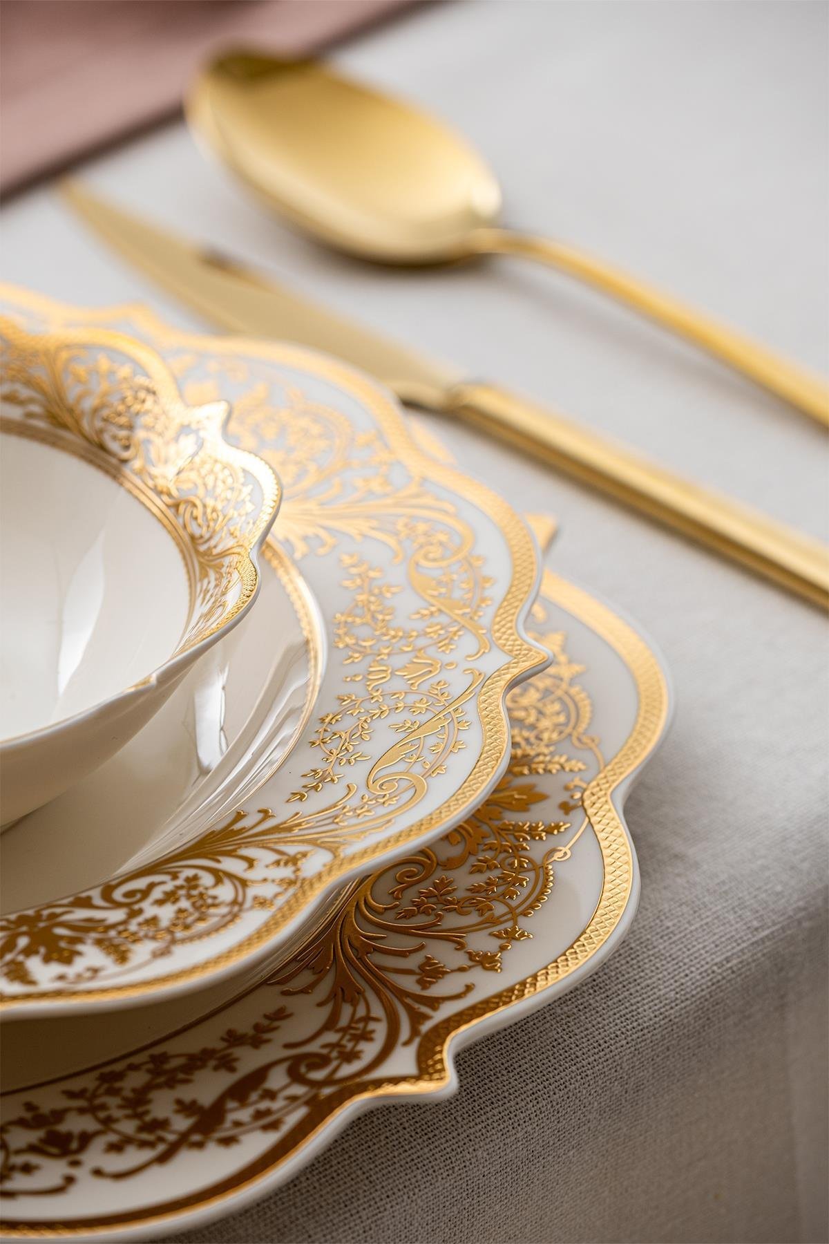 Acar Jasmine 60 Parça 12 Kişilik Gold Porselen Yemek Takımı