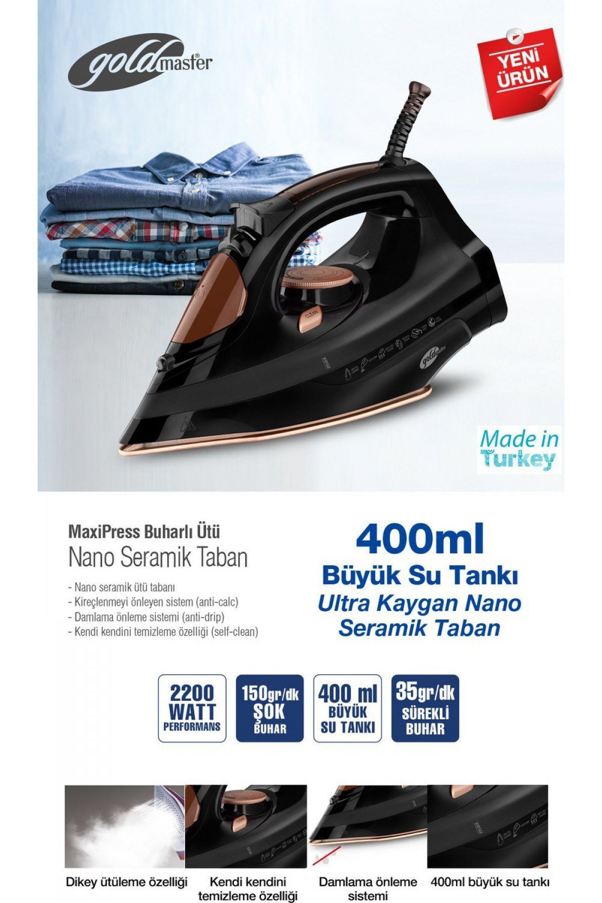 Goldmaster Maxipress Siyah 2200W Seramik Tabanlı 150 gr Şok Buharlı Ütü - GM-7613S